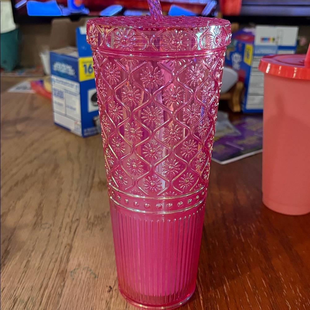 Pink Textured Tumbler with Straw
